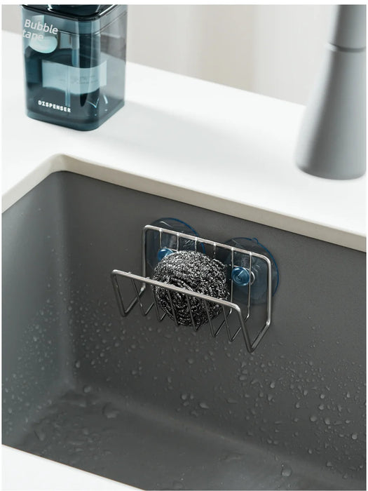 Stainless Steel Suction Cup Sponge Holder — Sink Caddy (Grey Silver / Black)