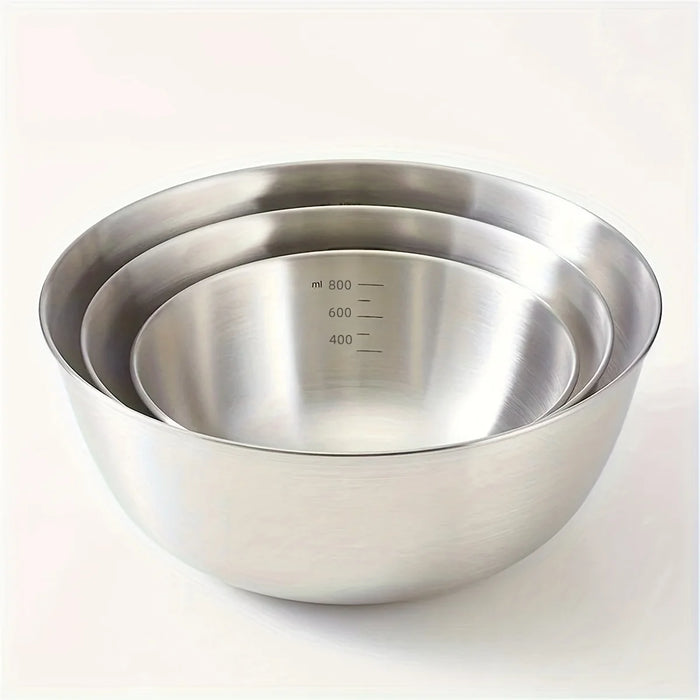 Set of 3 Stainless Steel Mixing Bowls with Measurement Marks — Thickened for Mixing & Kneading