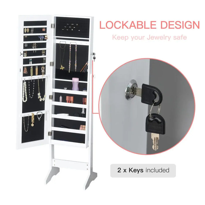 Lockable Full-Length Jewellery Cabinet Mirror – Freestanding Armoire, White