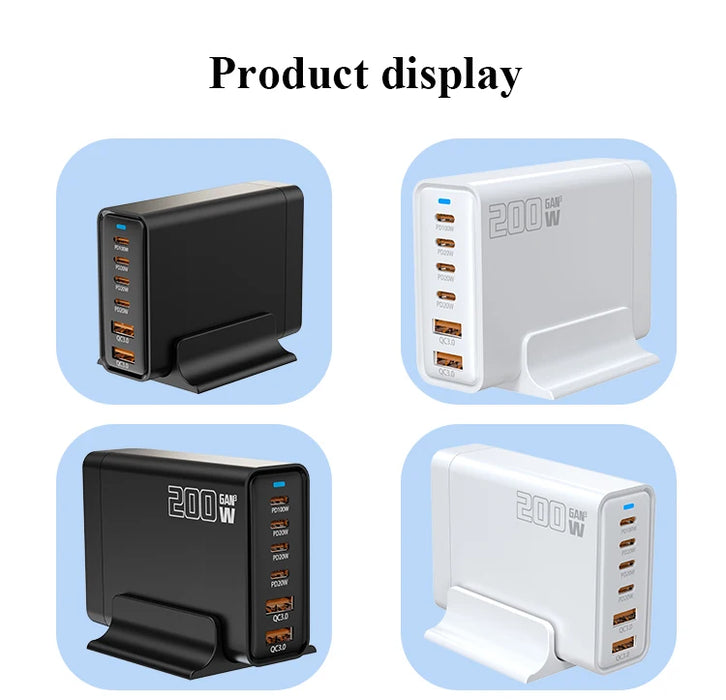 200W GaN 5‑Port USB‑C Fast Charger — Desktop Hub for MacBook Pro/Air & iPad Pro