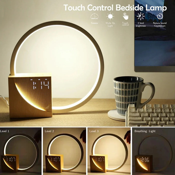 Touch Alarm Clock Night Light — 3-Level Dimmable Table Lamp with White Noise (Wood Colour)