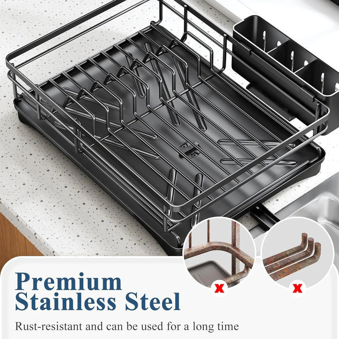 Large Rustproof Steel Dish Rack with Drainboard & Utensil Holder – Black