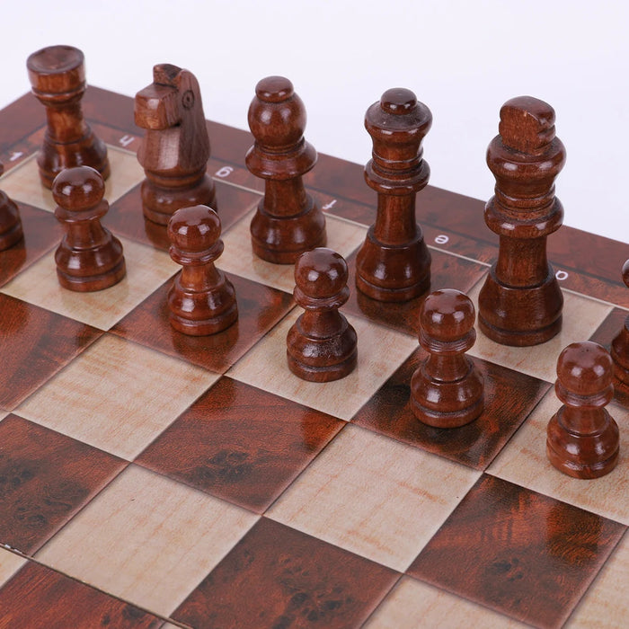 29x29cm Foldable 3‑in‑1 Wooden Chess, Checkers & Backgammon Board