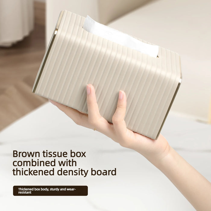 White Rectangular Leather Tissue Box Cover with Gold-Tone Edging — Small 16×11.5×8cm