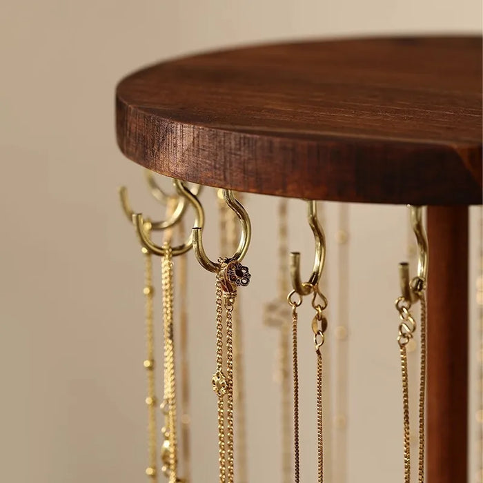 Wooden Jewellery Organiser Tower — 12 or 18 Golden Hooks, Round Base