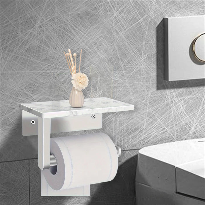 Stainless Steel Toilet Roll Holder with Marble Shelf and Mobile Phone Shelf