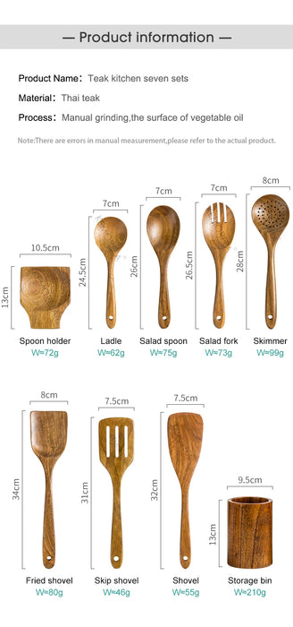 9-Piece Teak Wooden Kitchen Utensil Set with Holder