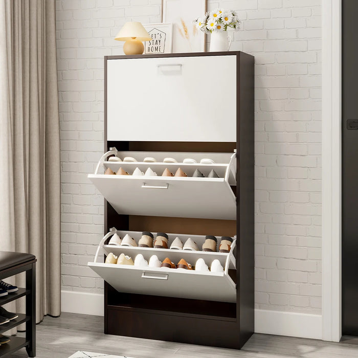 Narrow 3-Tier Flip-Top Shoe Cabinet – Walnut & White Vertical Storage