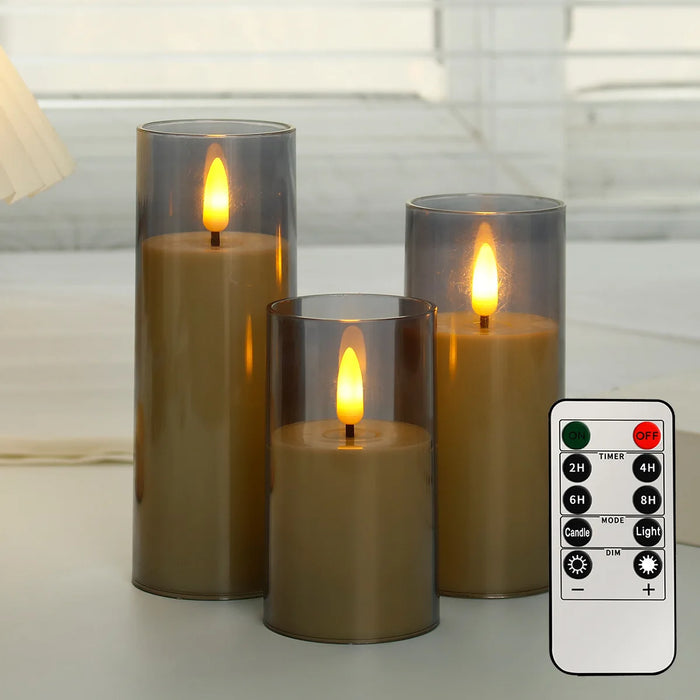 Outdoor Flameless LED Pillar Candles with Remote & Timer — Yellow Flicker, Battery-Operated (3/4pc)