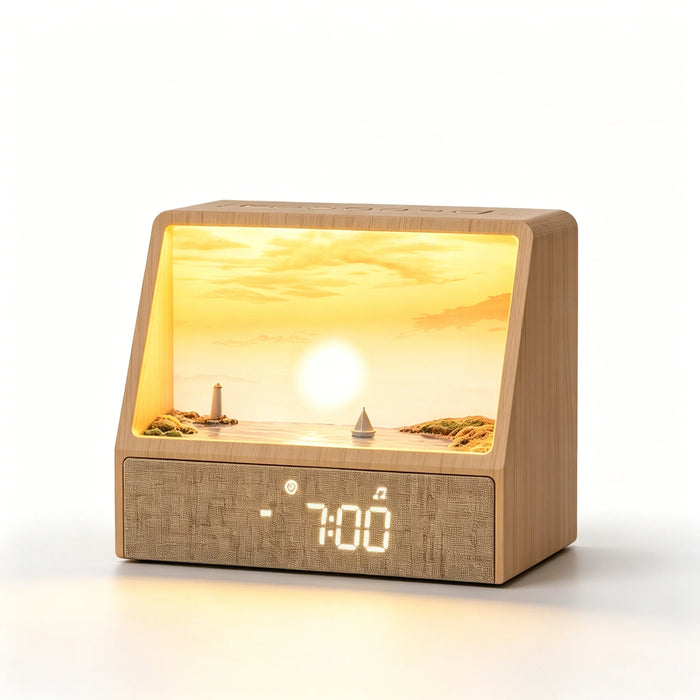 Sunrise Wake‑Up Light with White Noise, Bluetooth Night Lamp (Wood Grain)