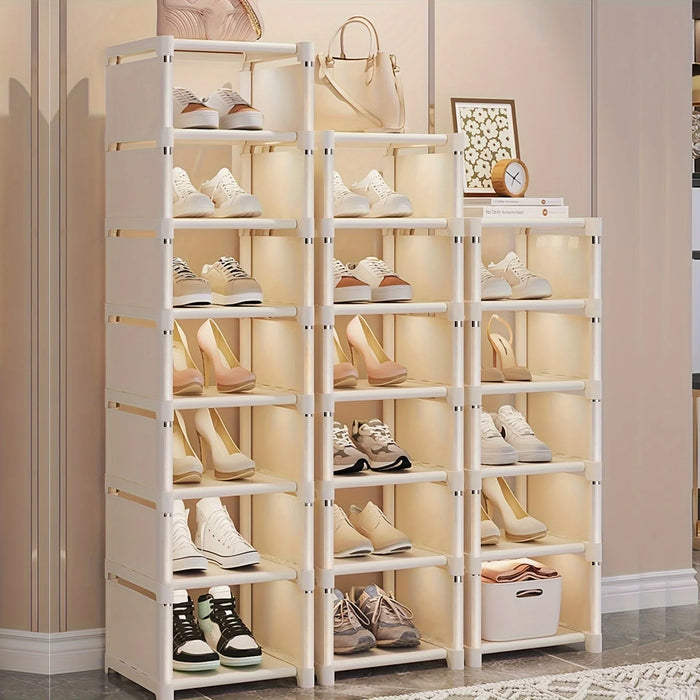 7-Grid Shoe Rack — Metal Tube Frame with Fabric Shelves, Floor Installation, Black or White