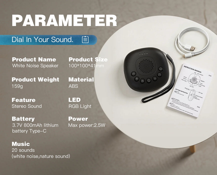 White Noise Machine — 20 Soothing Sounds, Night Light Timer, USB-C Rechargeable, Portable with Lanyard