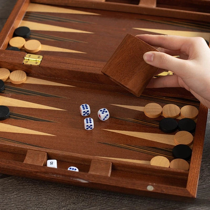 Solid Mahogany Veneer Backgammon Set – Foldable Tabletop Game for Family Entertainment