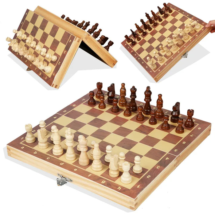 Magnetic Wooden Folding Chess Set with Felted 24 x 24 cm Board — 34 Pieces, Interior Storage