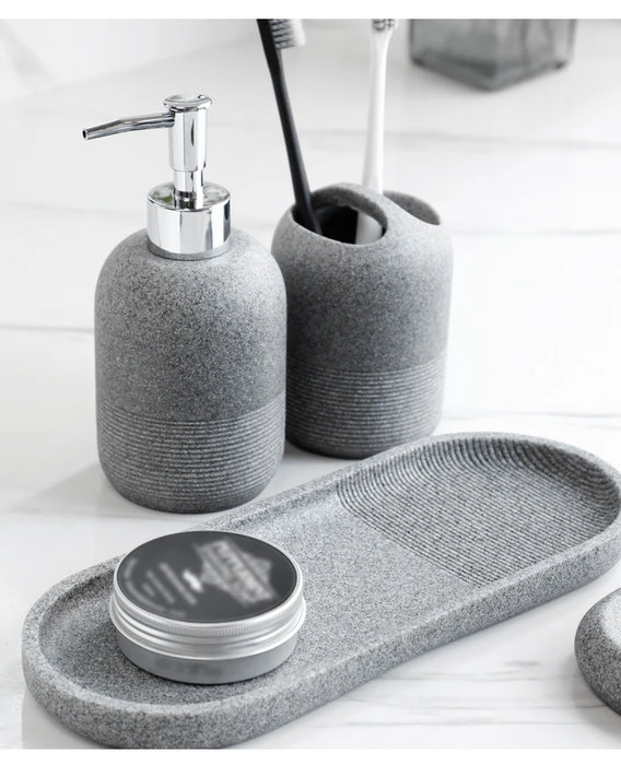 5‑Piece Bathroom Accessory Set — Dispenser, Toothbrush Holder, Tumbler, Tray & Soap Dish (Beige or Grey)