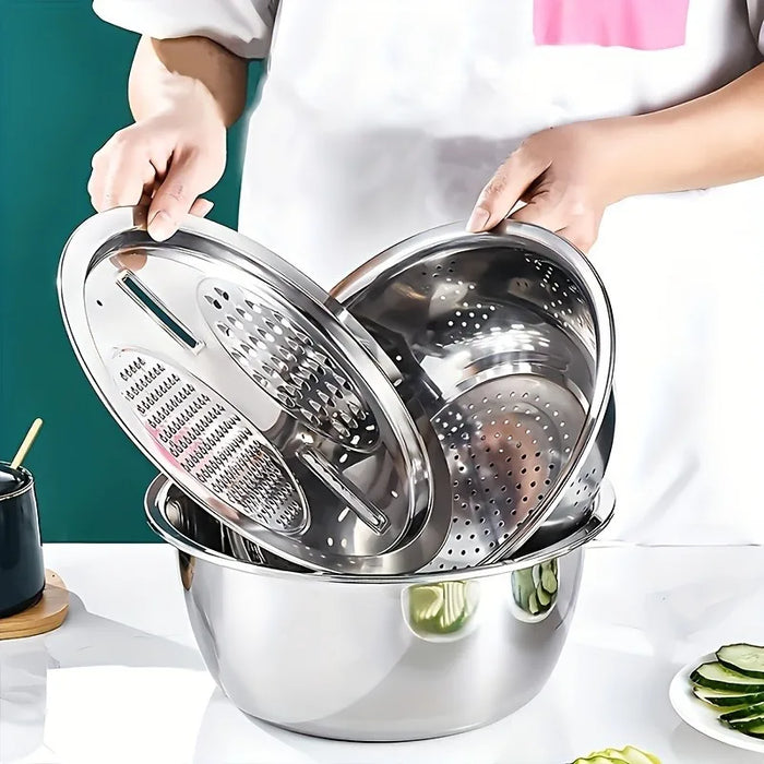 3-Piece Stainless Steel Mixing Bowl Set — Grater, Strainer & Drain for Food Prep