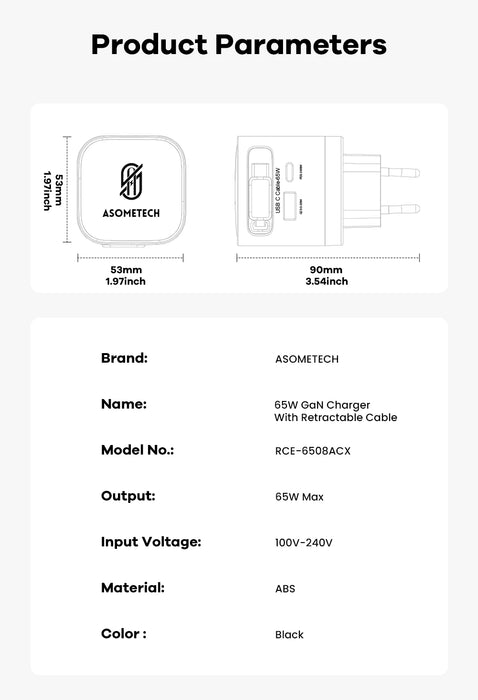 65W GaN 3‑Port USB Charger with Retractable USB‑C Cable — PD3.0, QC4.0, PPS