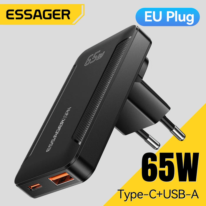 Essager Ultra-Thin 65W GaN Pro Travel Charger — PD3.0 & QC4.0, USB‑C/USB‑A