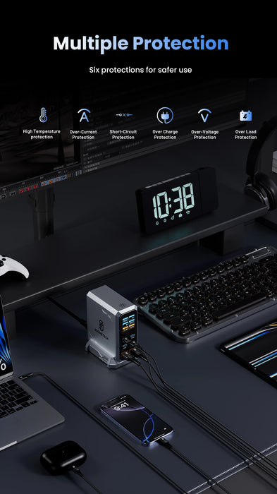 240W GaN 6-in-1 Charger — 140W PD3.1, Digital Display & Ambient Light (USB‑C / USB‑A)