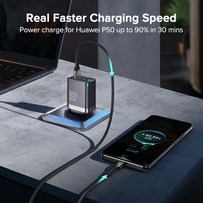 QOOVI 65W GaN 3‑Port Charger – USB‑C PD & Quick Charge 4.0, 2x USB‑C + USB‑A