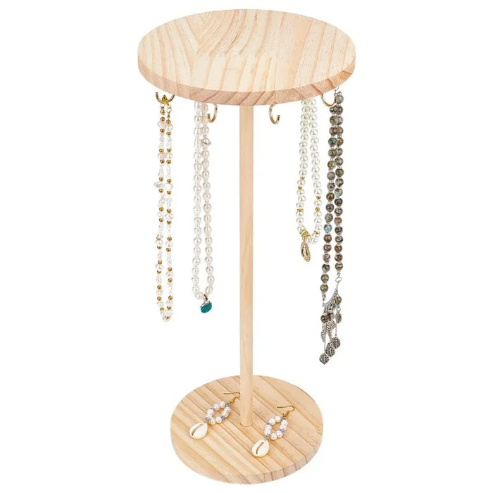 Wooden Jewellery Organiser Tower — 12 or 18 Golden Hooks, Round Base