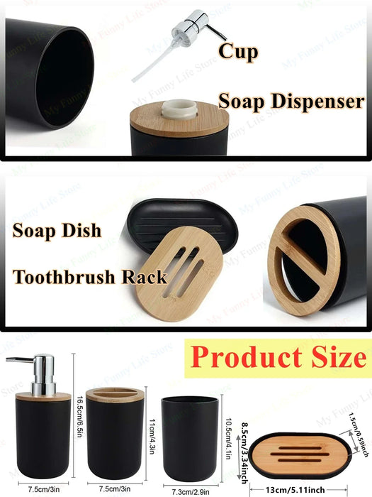 4‑Piece Bathroom Accessory Set – Plastic with Bamboo Toothbrush Holder, Cup & Soap Dish (1‑pc Lotion Dispenser option)