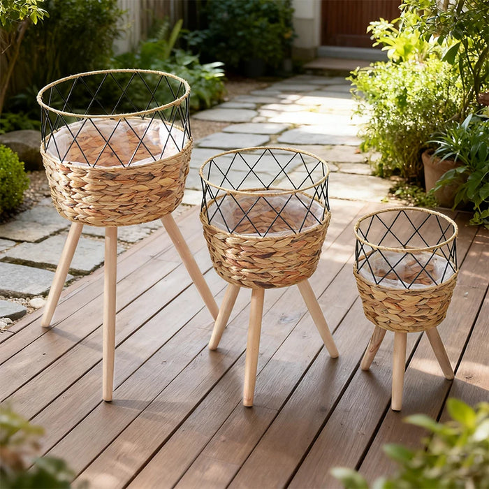 Floor‑standing Rattan Plant Stand with Wooden Legs — Indoor Pothos Holder