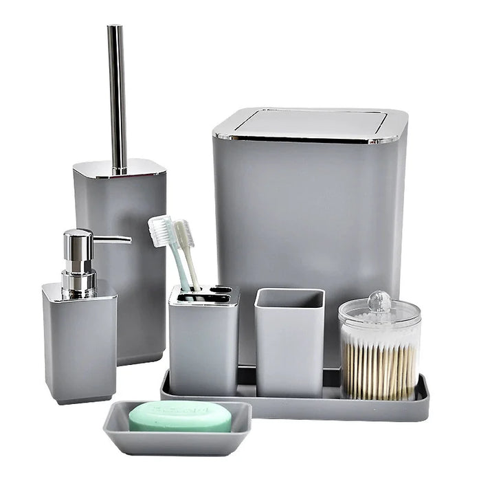 8‑Piece Bathroom Organiser Set — Soap Dispenser, Brush, Trash Can & Cup