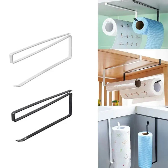 Under-Cabinet Paper Roll Holder – No‑Drill Towel & Cling Film Rack (White/Black)