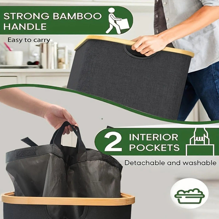 Foldable 2-Section Laundry Hamper with Lid — Bamboo Handles & Removable Bag