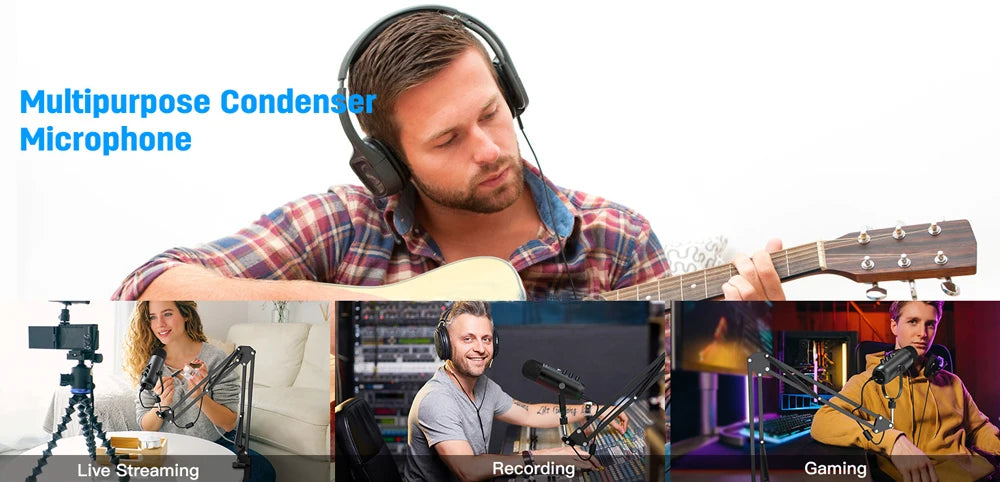 USB Cardioid Condenser Microphone Kit with Boom Arm — Plug-and-Play for Podcasting & Streaming