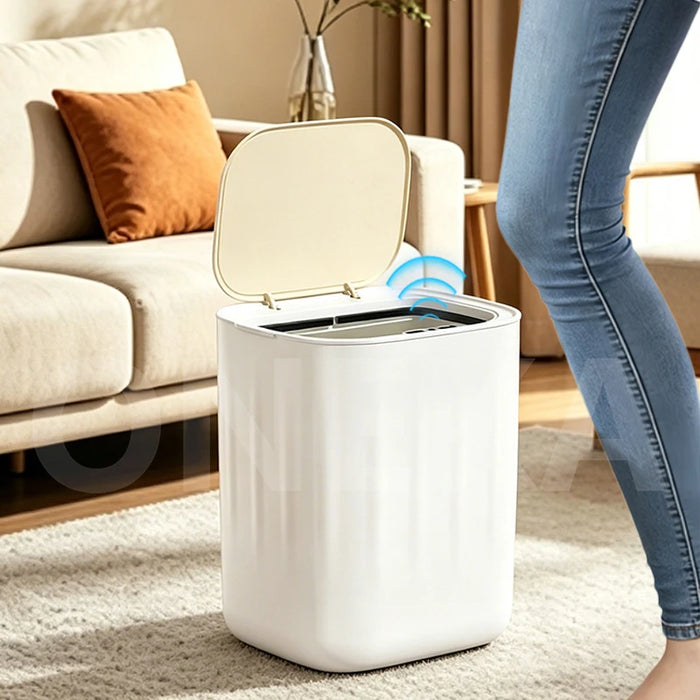27L Sensor Bin with Built-in Bag Ring — Wood-Grain ABS