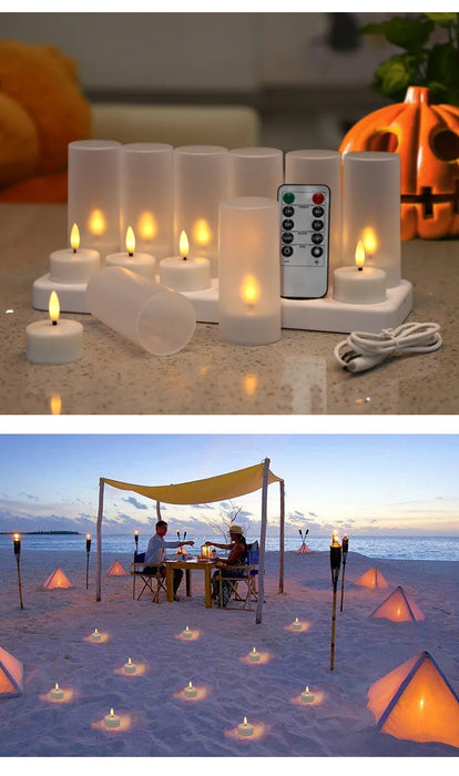 Rechargeable LED Tea Lights – Pack of 12, Black Wick, Remote-Controlled Flame-Effect