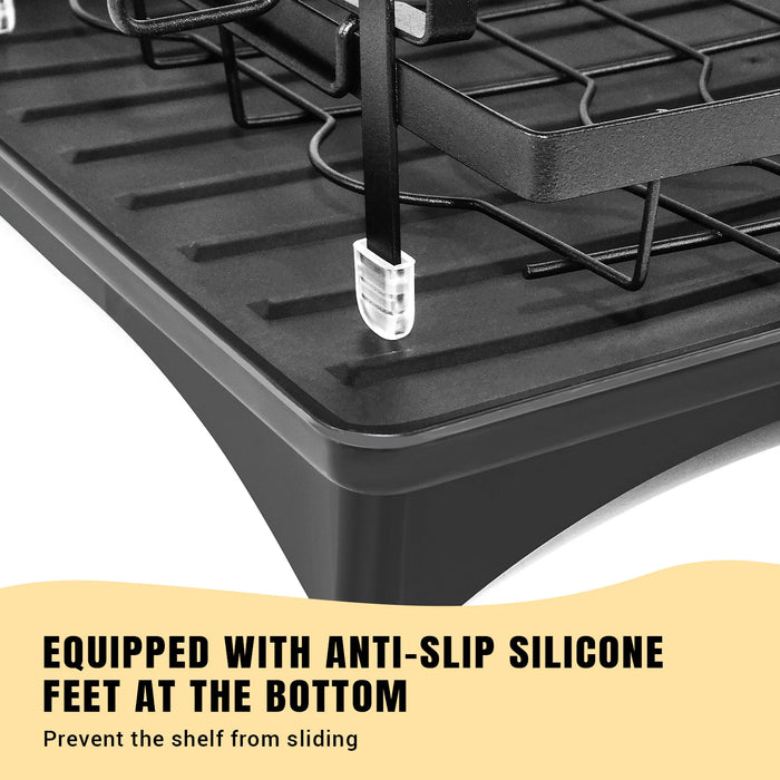 2-Tier Black Carbon Steel Dish Drying Rack with Drip Tray & Utensil Holder