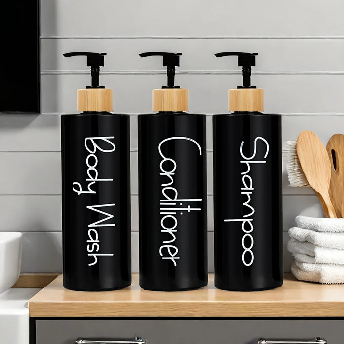 3-Pack Refillable Hand Pump Soap Dispensers – 500ml, Bamboo & Plastic