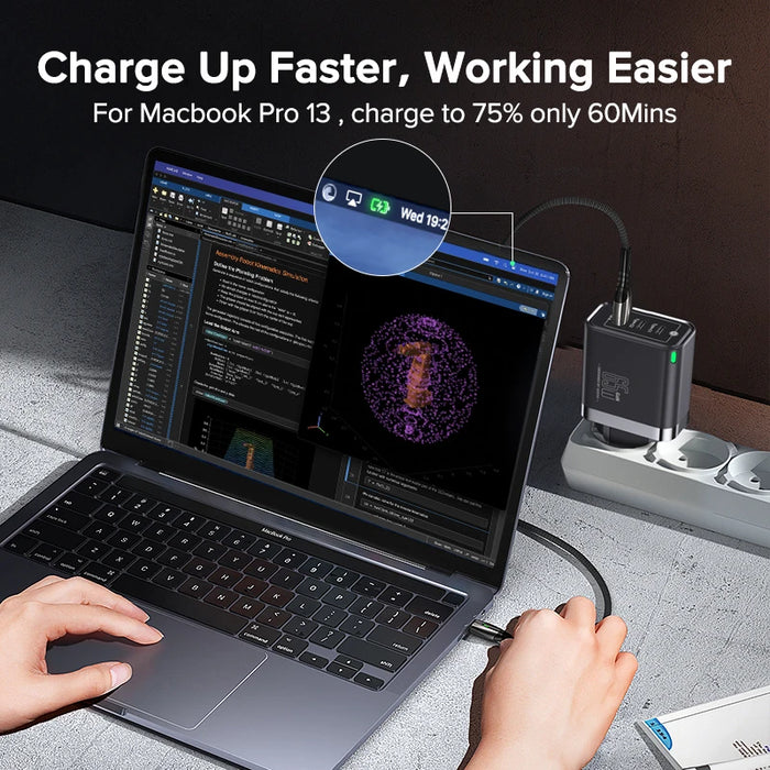 QOOVI 65W GaN 3‑Port Charger – USB‑C PD & Quick Charge 4.0, 2x USB‑C + USB‑A