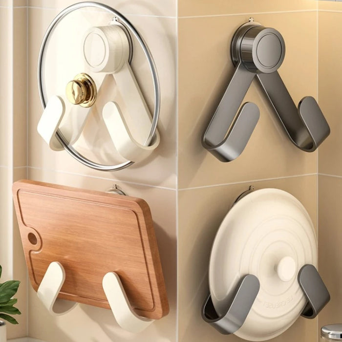 Drill‑Free Suction Cup Rotating Kitchen Rack — Wall‑Mounted Pot Lid & Chopping Board Holder with Hooks