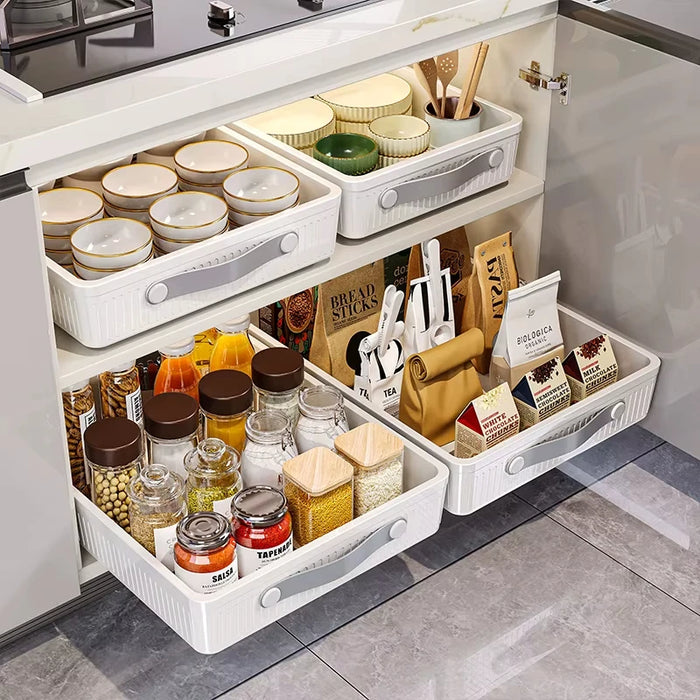 Pull-Out Cabinet Organiser Tray with Handle — Plastic, Reusable (White, M/L)