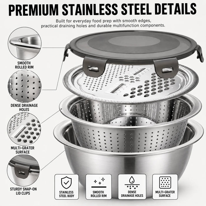 4-in-1 Stainless Steel Mixing Bowl Set – Grater Lid, Colander & Airtight Cover (Stovetop Safe)