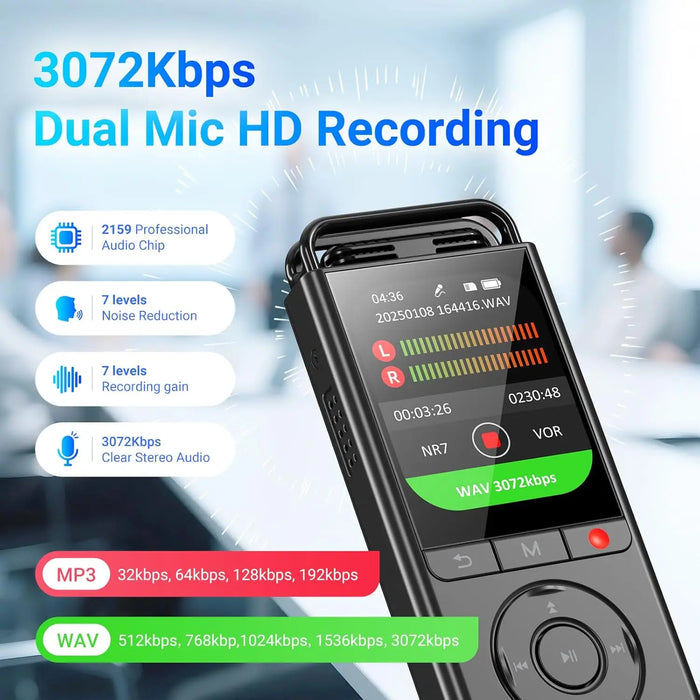 144GB Digital Voice Recorder — Voice-Activated for Lectures, Meetings & Interviews
