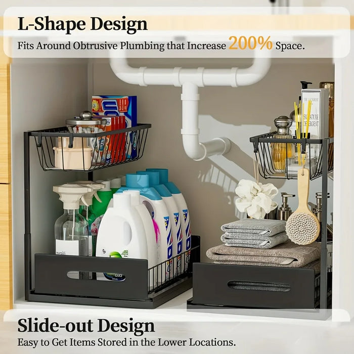 Under-sink Pull-out Metal Organiser — Sliding Storage Shelf for Kitchen (Black/White)