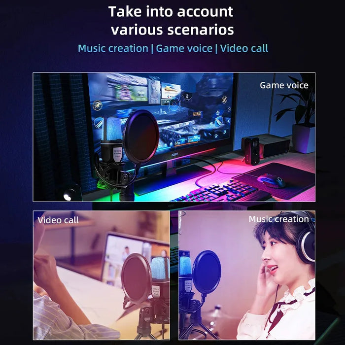 USB Condenser Microphone with RGB Lighting — Noise‑Reducing Streaming & Gaming Mic (Black)