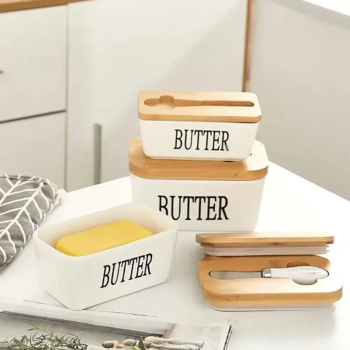 Ceramic Butter & Cheese Storage Box with Bamboo Lid and Knife — 14.8×8.5×6cm