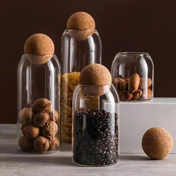 Hand‑blown Glass Storage Jars with Ball Cork Stopper — Transparent Kitchen Organiser for Tea, Spices & Nuts
