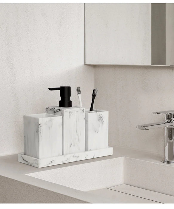 4-Piece Marble-Pattern Resin Bathroom Set — Lotion/Soap Dispenser, Toothbrush Holder, Tumbler & Tray (Black or White)