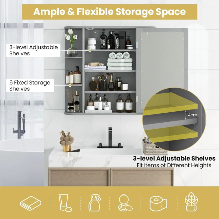 3-Tier Mirrored Bathroom Cabinet — Wall-Mounted with Display Shelves, Grey