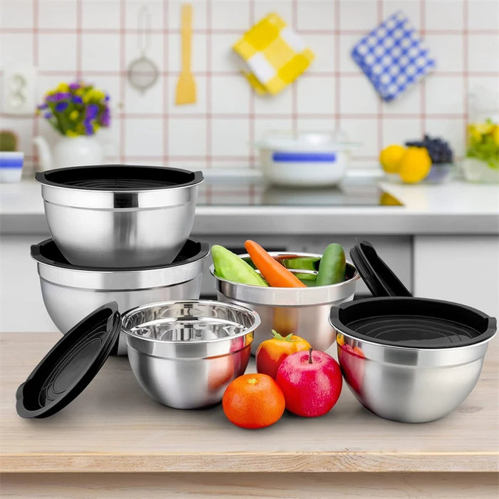 6-Piece Stainless Steel Nesting Mixing Bowls with Black Lids and Non-Slip Bases