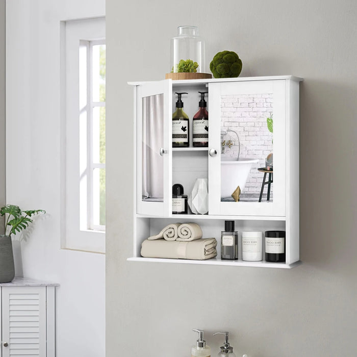 Double‑Door Wall‑Mounted Mirror Cabinet with Open Shelves, 56 x 13 x 58cm, White