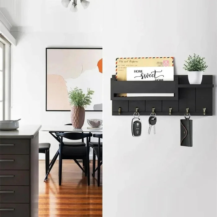 Rustic Wooden Wall Key Holder with Shelf — 6 Hooks & Mail Organiser