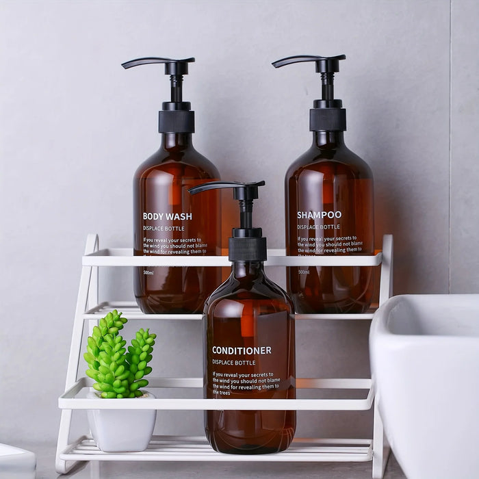 3‑Pack Amber Reusable Shampoo & Body Wash Dispensers with Printed Labels (500ml)